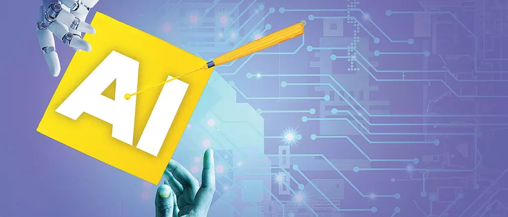 A robotic hand and a human hand hold a yellow kite with "AI" written on it, against a blue circuit-like background.